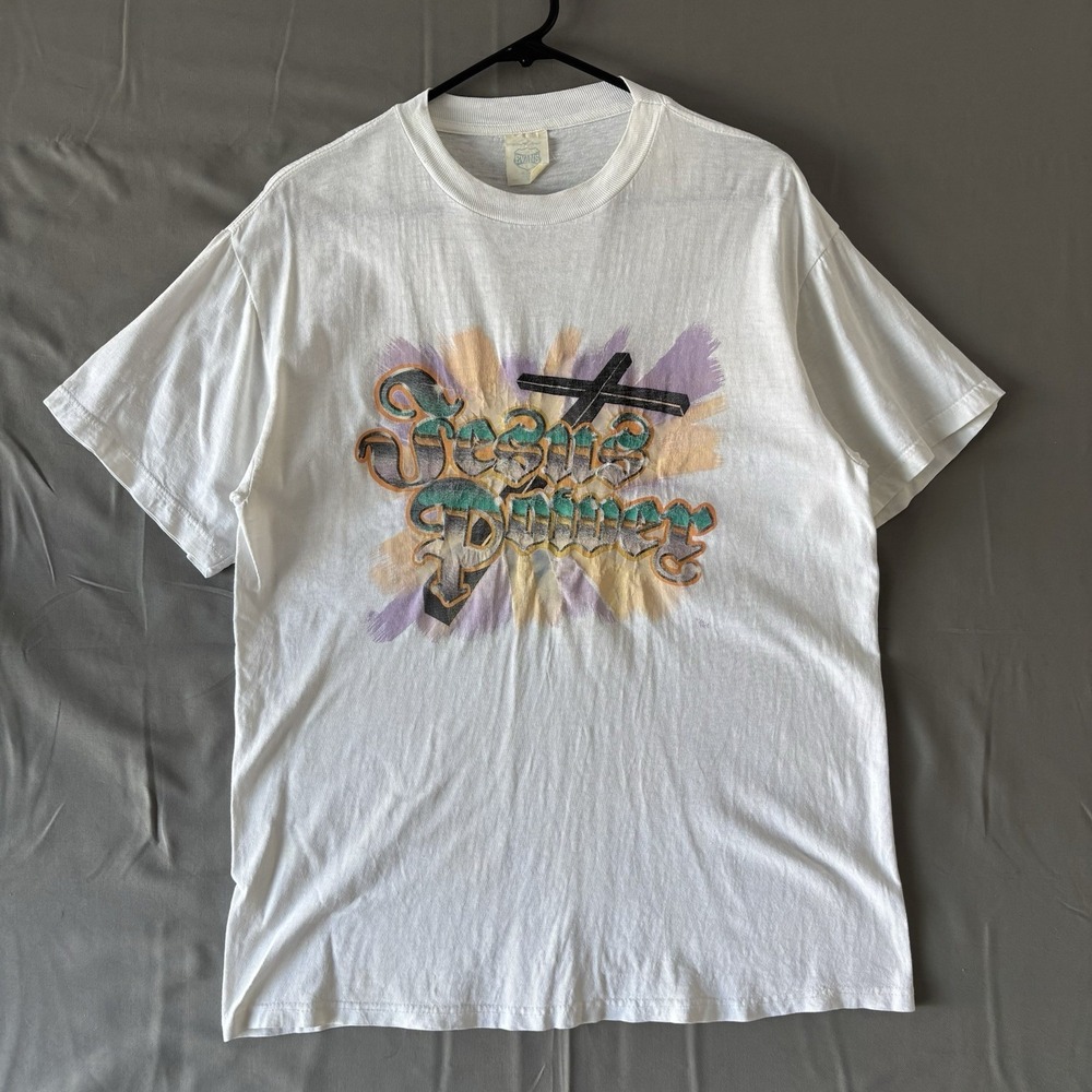 Vintage 90S Jesus Power T-Shirt Size Large White Evans Tag